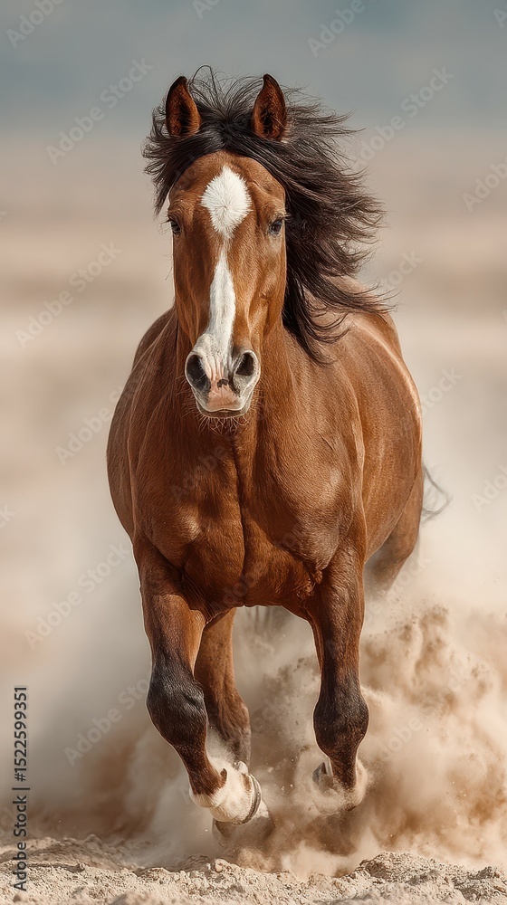 Obraz premium Majestic brown horse runs through sandy terrain under a clear sky during golden hour