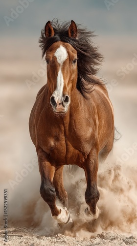 Majestic brown horse runs through sandy terrain under a clear sky during golden hour