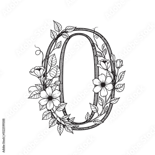 Number 0 with creepers and flowers on it, Doodle Illustration – Hand-Drawn Black and White Line Art on Transparent Background