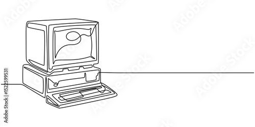 Illustration of a retro personal computer, Retro computer terminal continuous one line drawing, Classic Desktop Computer Drawing
