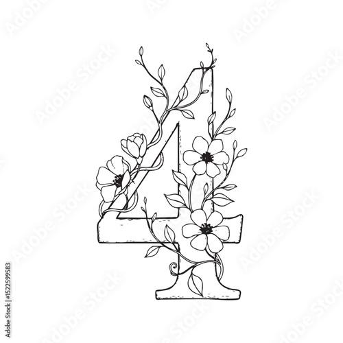 Number 4 with creepers and flowers on it, Doodle Illustration – Hand-Drawn Black and White Line Art on Transparent Background