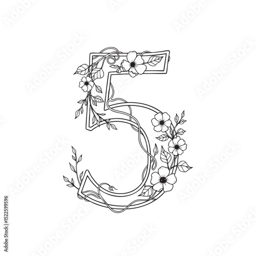 Number 5 with creepers and flowers on it, Doodle Illustration – Hand-Drawn Black and White Line Art on Transparent Background