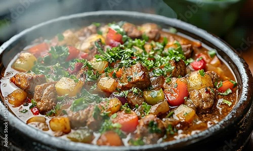 Savory Beef Stew with Potatoes, Peppers, and Onions in a Clay Pot