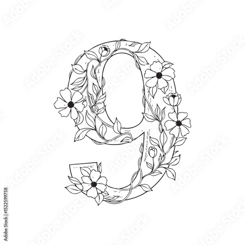 Number 9 with creepers and flowers on it, Doodle Illustration – Hand-Drawn Black and White Line Art on Transparent Background