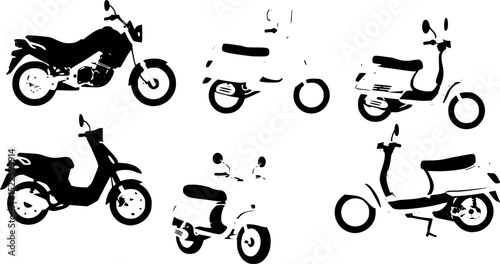 Scooters and motorcycle set vector illustration. Cartoon isolated different motor city transport collection with black modern motorbike, retro pink moped for girl driver, green scooter for travel
