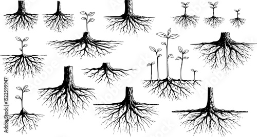 Various illustrations of tree roots and plant growth in a minimalist black and white style
