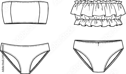 womens ruffle trim bandeau bikini set strapless tube top two piece swim suit flat sketch vector illustration technical cad drawing template

