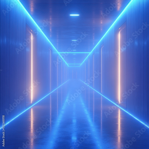 Blue lights illuminating a long corridor.