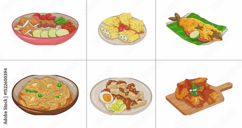 Illustrations of popular Indonesian dishes. Features include a bowl of meatball soup, fried snacks, grilled fish, fried noodles, steamed fish dumplings, and grilled chicken. Illustrations of popular Indonesian dishes. Features include a bowl of meatball soup, fried snacks, grilled fish, fried noodles, steamed fish dumplings, and grilled chicken.