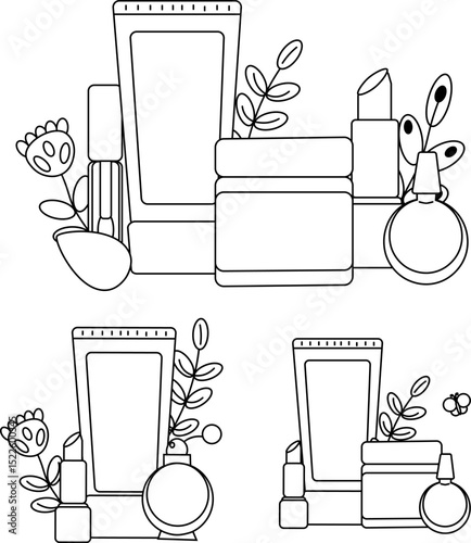 Makeup and beauty products, top view of cosmetic mock-ups composition set. Vector graphic line illustration. Black and white cosmetic makeup art. For poster, flyer, banner, invitation, sale