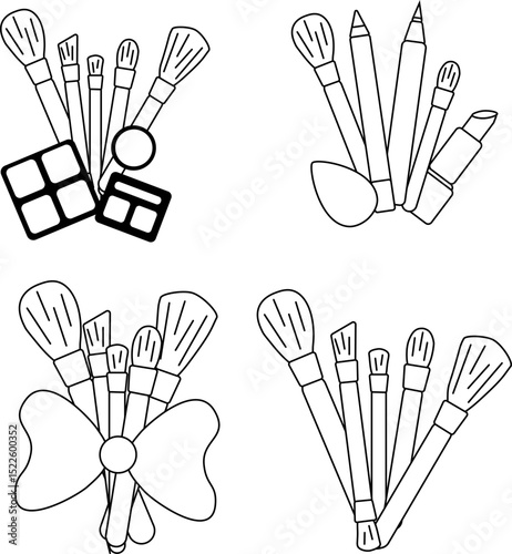 Makeup brushes composition set. Vector graphic line illustration. Black and white cute cosmetic makeup art. Banner, poster, wrapping paper, sticker, print, modern textile design.