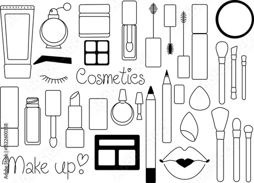 Makeup and beauty tools isolated set. Vector graphic line illustration. Black and white cosmetic makeup art. hand drawn cosmetic elements. Design for package, cosmetic, textile, cards.