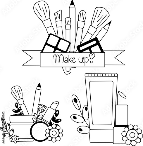 Makeup tools composition set. Vector graphic line illustration. Black and white cosmetic makeup art. Banner ad for luxury beauty products Sample poster, invitation, holiday banner, postcard.