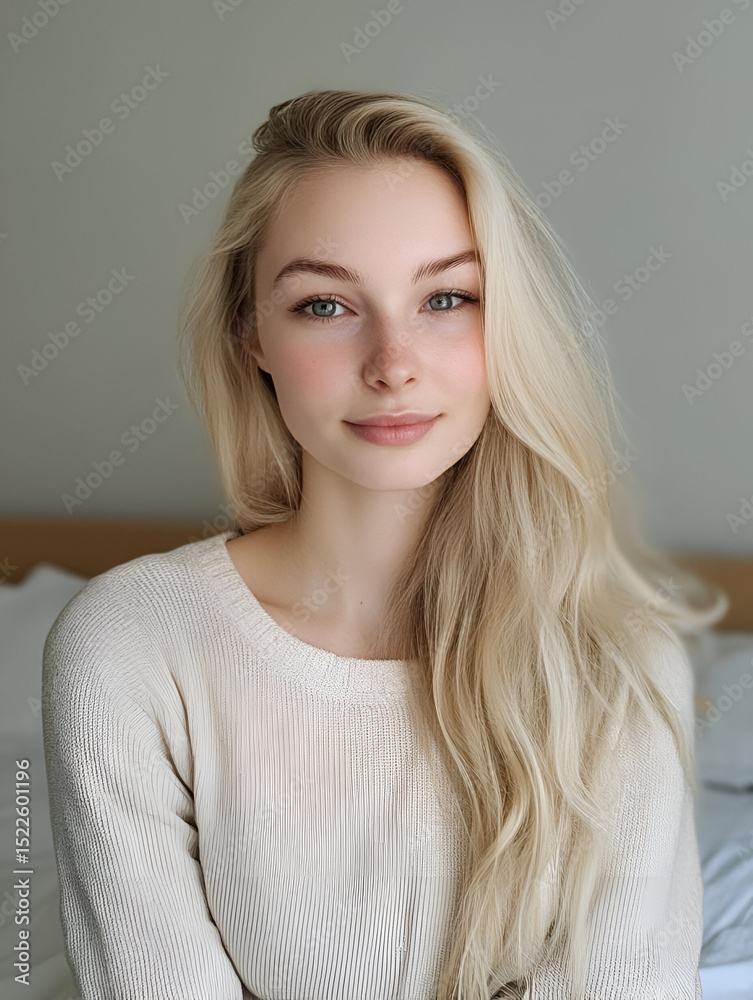 Fototapeta premium A serene minimalist bedroom with soft tones, light wood accents, and simple dcor