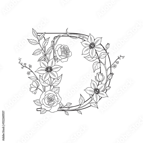 Alphabet D with creepers and flowers on it, Doodle Illustration – Hand-Drawn Black and White Line Art on Transparent Background