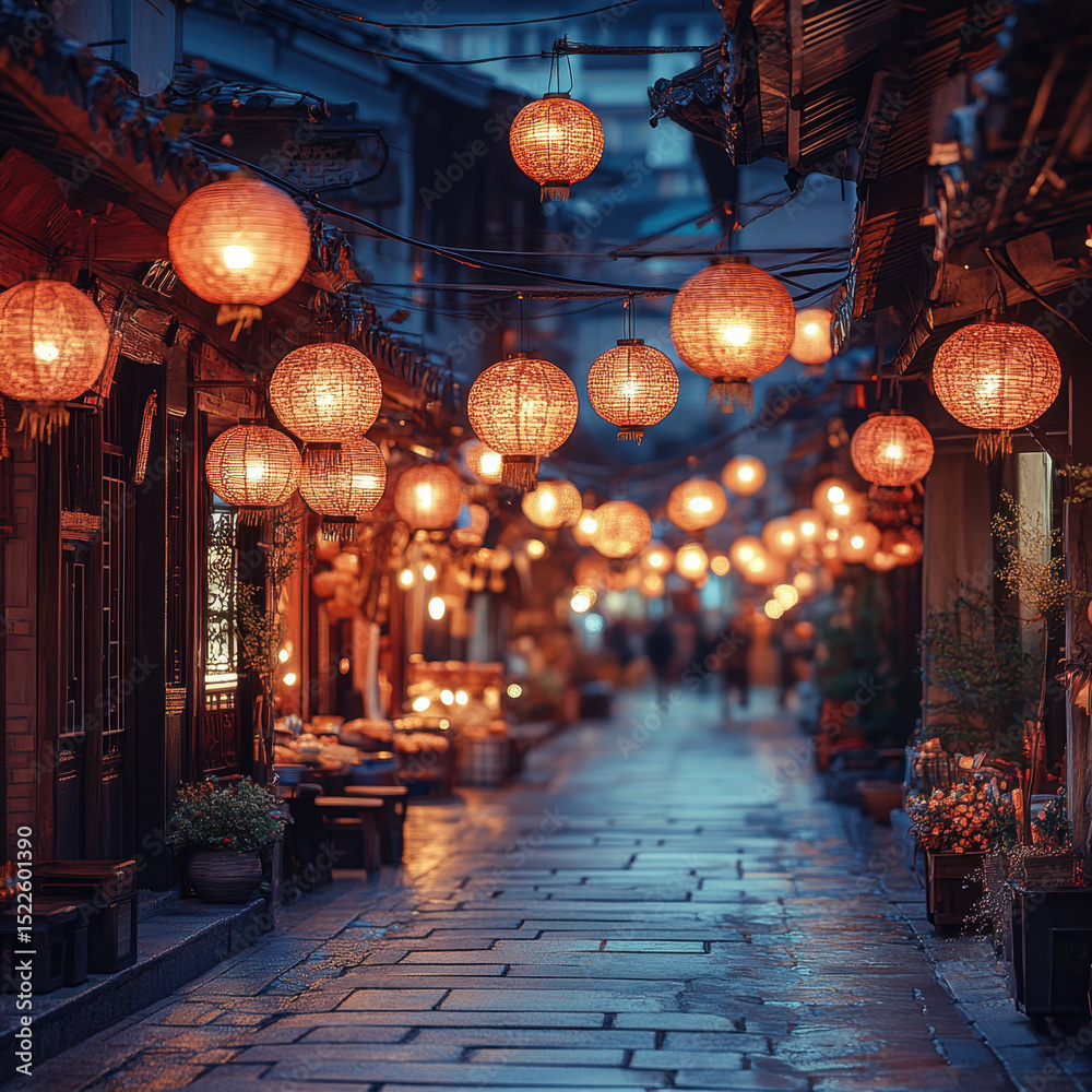 custom made wallpaper toronto digitalLanterns hanging above a bustling street.