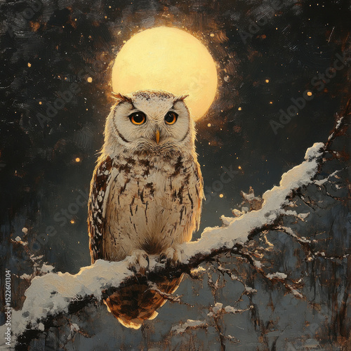 Owl perched on snow-covered branch.