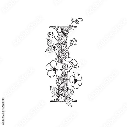 Alphabet I with creepers and flowers on it, Doodle Illustration – Hand-Drawn Black and White Line Art on Transparent Background