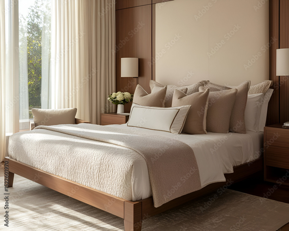 Fototapeta premium A serene modern bedroom with neutral tones, a minimalist bed design, and soft natural lighting