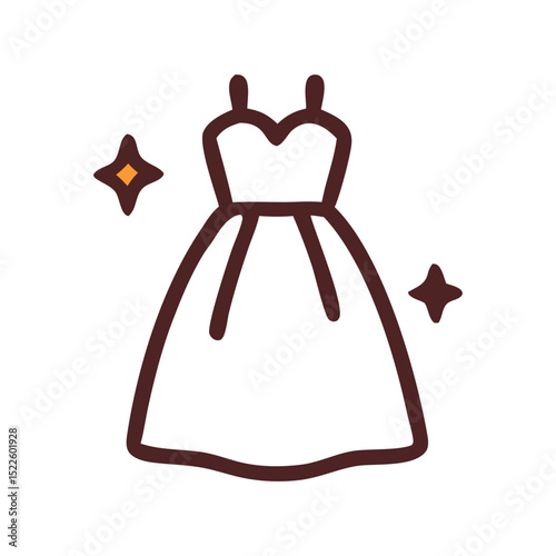 Simple line drawing of a white dress with two stars, suitable for fashion blogs, invitations, and weddingrelated designs for a whimsical touch.