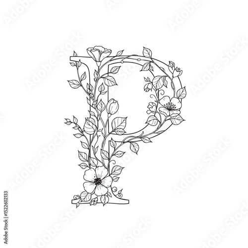 Alphabet P with creepers and flowers on it, Doodle Illustration – Hand-Drawn Black and White Line Art on Transparent Background