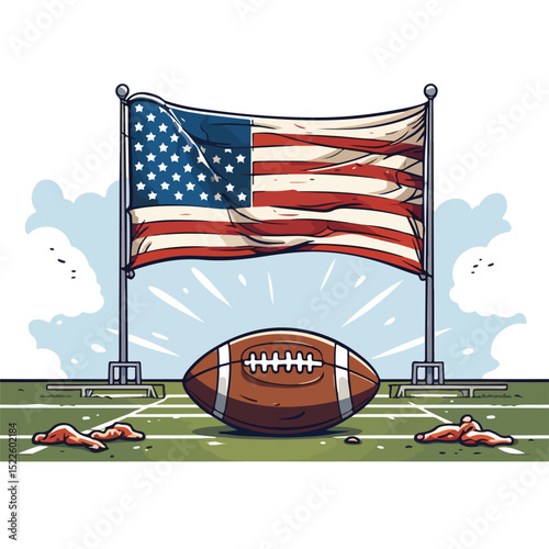 Professional American Football Ball, Field, and Goal Post Equipment in Stadium Setting