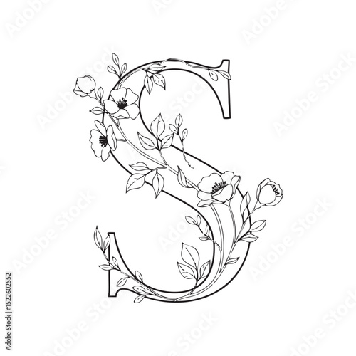 Alphabet S with creepers and flowers on it, Doodle Illustration – Hand-Drawn Black and White Line Art on Transparent Background
