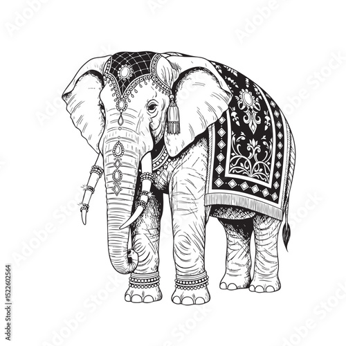 Indian Royal Elephant Doodle Illustration – Hand-Drawn Black and White Line Art on Transparent Background
