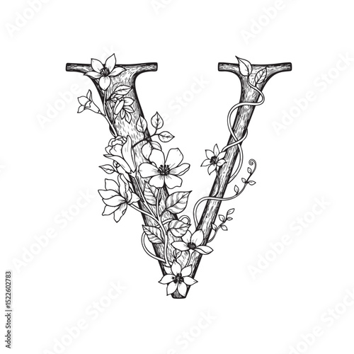 Alphabet V with creepers and flowers on it, Doodle Illustration – Hand-Drawn Black and White Line Art on Transparent Background