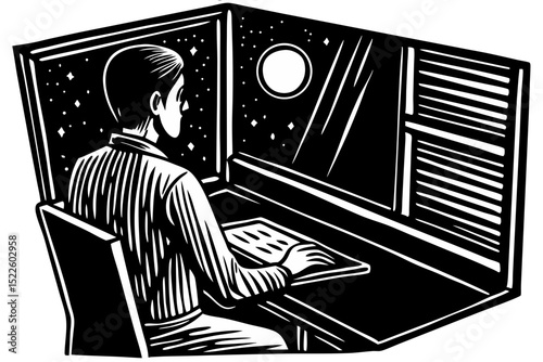 Nighttime Work Person at Desk with Moonlit Window View, night, work, desk, moon, window, task, visual, solitude, serene, mystery, quiet, contemplation, aesthetic, effort, midnight, typing, thinking, w