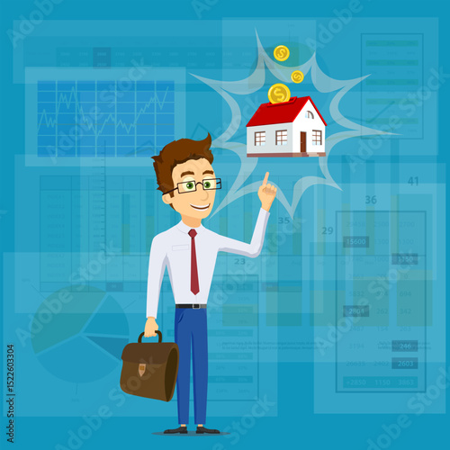 Businessman points his finger at the house coin bank with money. Financial savings, credit mortgage for buying real estate. Vector illustration