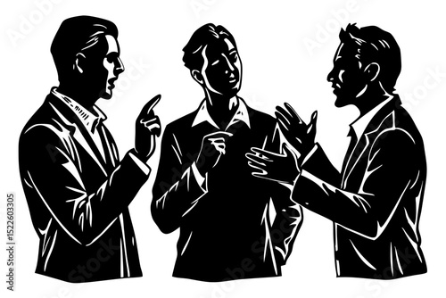 Silhouette Illustration Three Men in Business Discussion, men, business, discussion, conversation, partners, intense, graphics, visual, interaction, businessmen, formal, collaboration, planning, leade