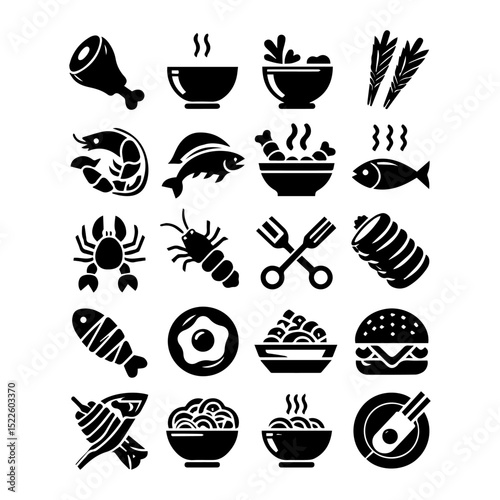 Versatile set of monochrome food silhouettes arranged in orderly composition for multiple design applications