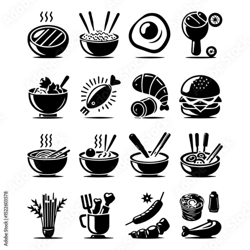 Minimalist black and white food icon collection featuring various edible items in clean silhouette vector designs