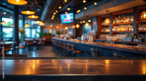 people in cafe or restaurant on background. Wood table with blur. Empty bar top, blurred bar scene. full hd