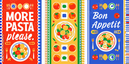 Colorful Italian Food Illustrations with Pasta and Bon Appetit Greetings