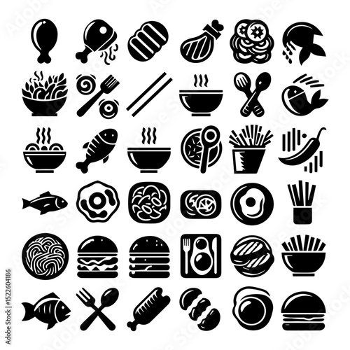 Minimalist black and white food icon collection featuring various edible items in clean silhouette vector designs