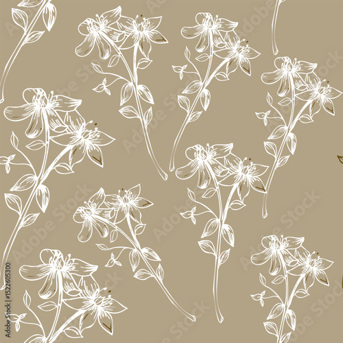 Field medical herb flowers ink seamless pattern. Hand drawn vector floral background with Saint John Wort blooming elements. Romantic botanical repeated clipart for textile, fabric design. White beige
