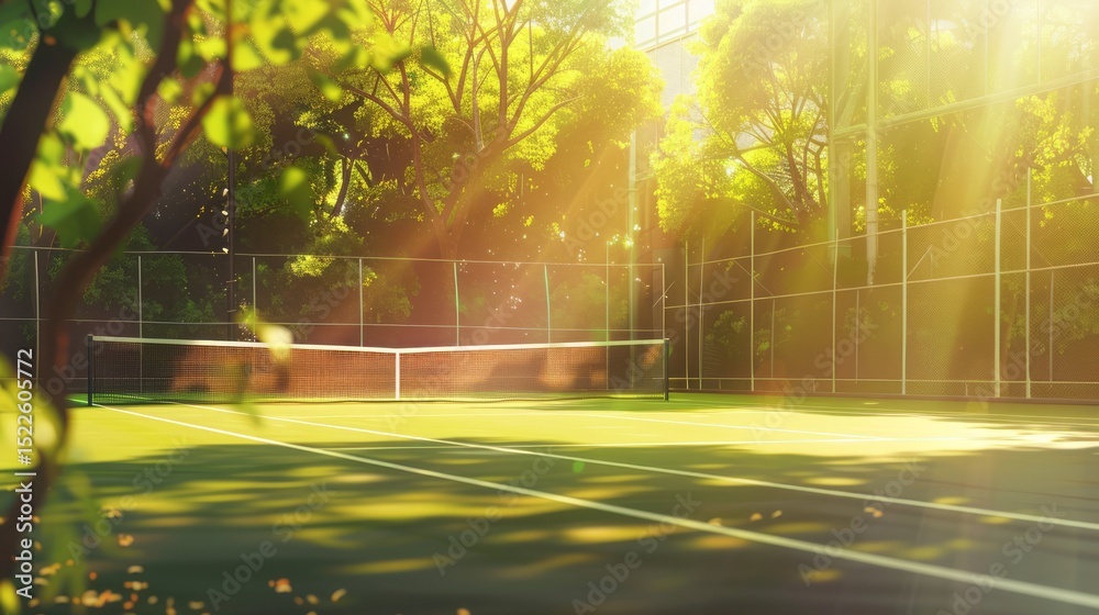Obraz premium Sunny Tennis Court Green Grass Outdoor Summer Sport Recreation Active Lifestyle Healthy Activity Sunlight Beams Nature Scene Tranquil Peaceful Serene Beautiful Day Relaxing Atmosphere Perfect Day Warm