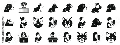 Homeless pet icons set. Veterinarians and volunteers holding, cuddling, and caring for various cats and dogs, some looking sad and abandoned in boxes