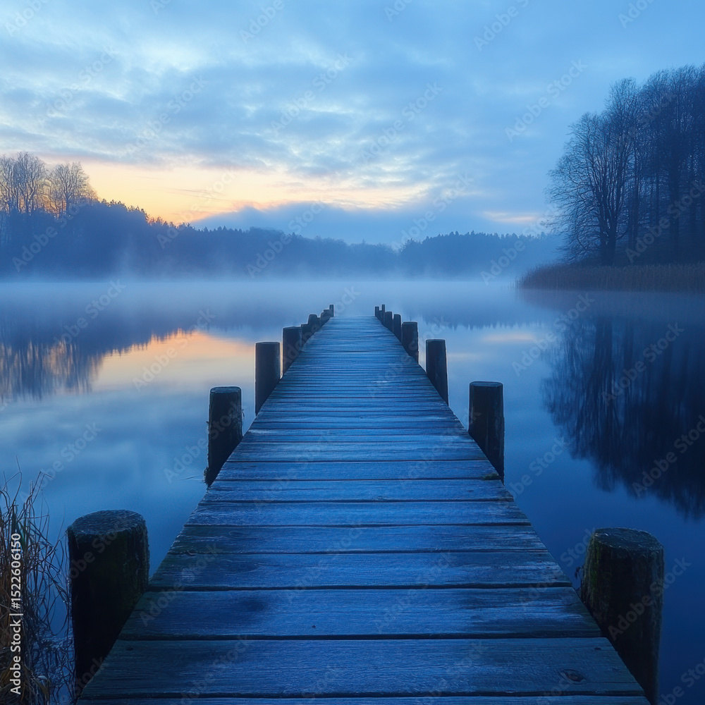 Obraz premium Dock on a lake with fog in the background.