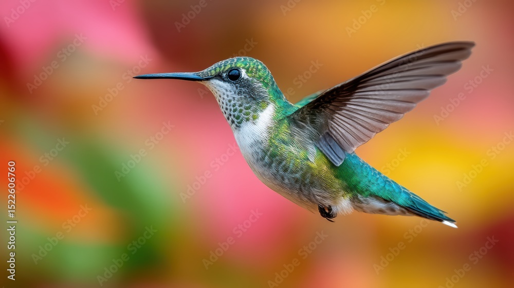 Fototapeta premium hovering hummingbird in flight, blurry blooming garden background