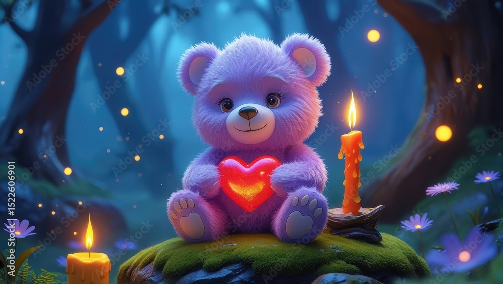 Fototapeta premium Purple teddy bear with a glowing heart sits on moss in an enchanted forest. A cozy fairytale scene with candles and soft magical ligh