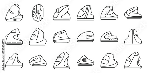 Vertical computer mouse icons set. Ergonomic vertical mice promoting comfortable and healthy wrist posture during computer use, reducing strain and enhancing productivity