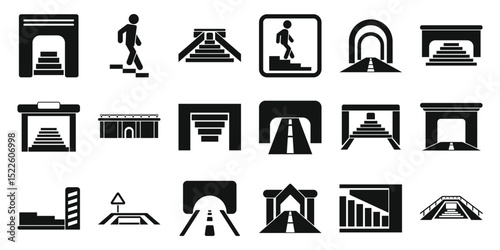 Underpass icons set. Set of underground crossing and tunnel entrance icons representing various access points, including stairs, roads, and passageways for pedestrians and vehicles