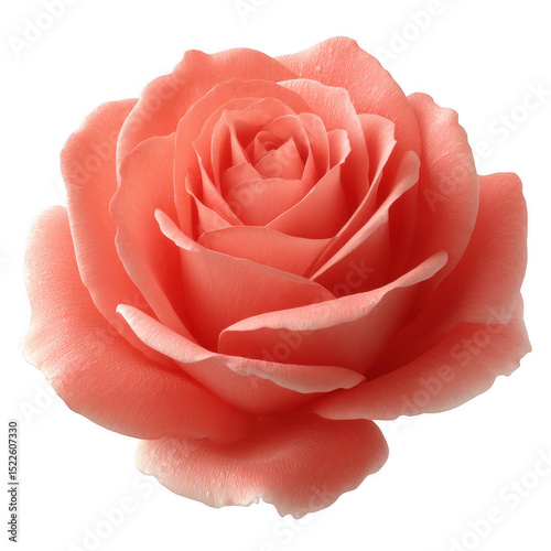 A beautiful coral rose with delicate petals and lush details, showcasing its vibrant color against a white isolated background.