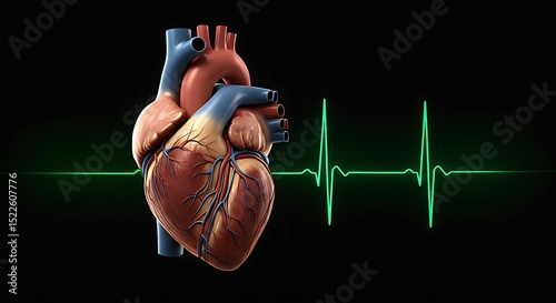 Highly detailed 3D anatomical human heart in bronze-brown tones with intricate vascular structure, dark background, and glowing green EKG line. Perfect for medical, educational, or tech use.