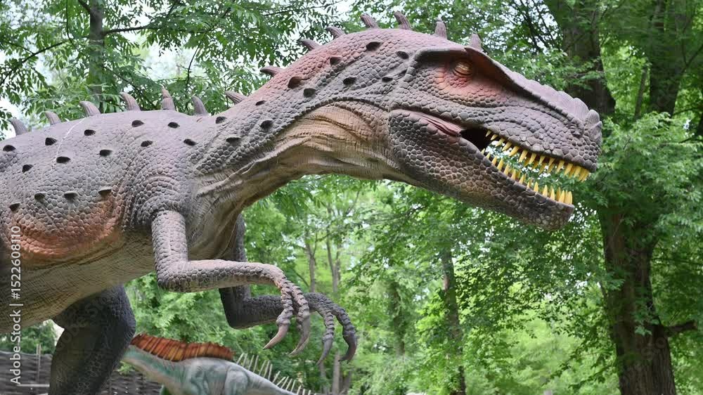 Living statue of tyrannosaurus albertosaurus in forest on grass. Dinosaur park doll, kids entertainment, prehistoric creature, museum