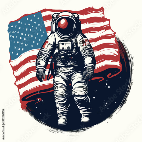 Exploration of Space: Astronaut Holding American Flag on Alien Planet Surface