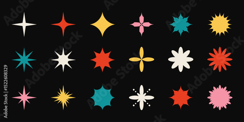 Brutalism shapes of blinks, stars and flower, set of retro stickers and geometric design elements. Vector abstract art, vintage figures and flat decorations.